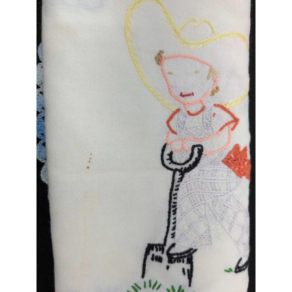 Pair VTG Handmade Embroidered Table Runner Farmhouse Farm Animals Blue Crochet